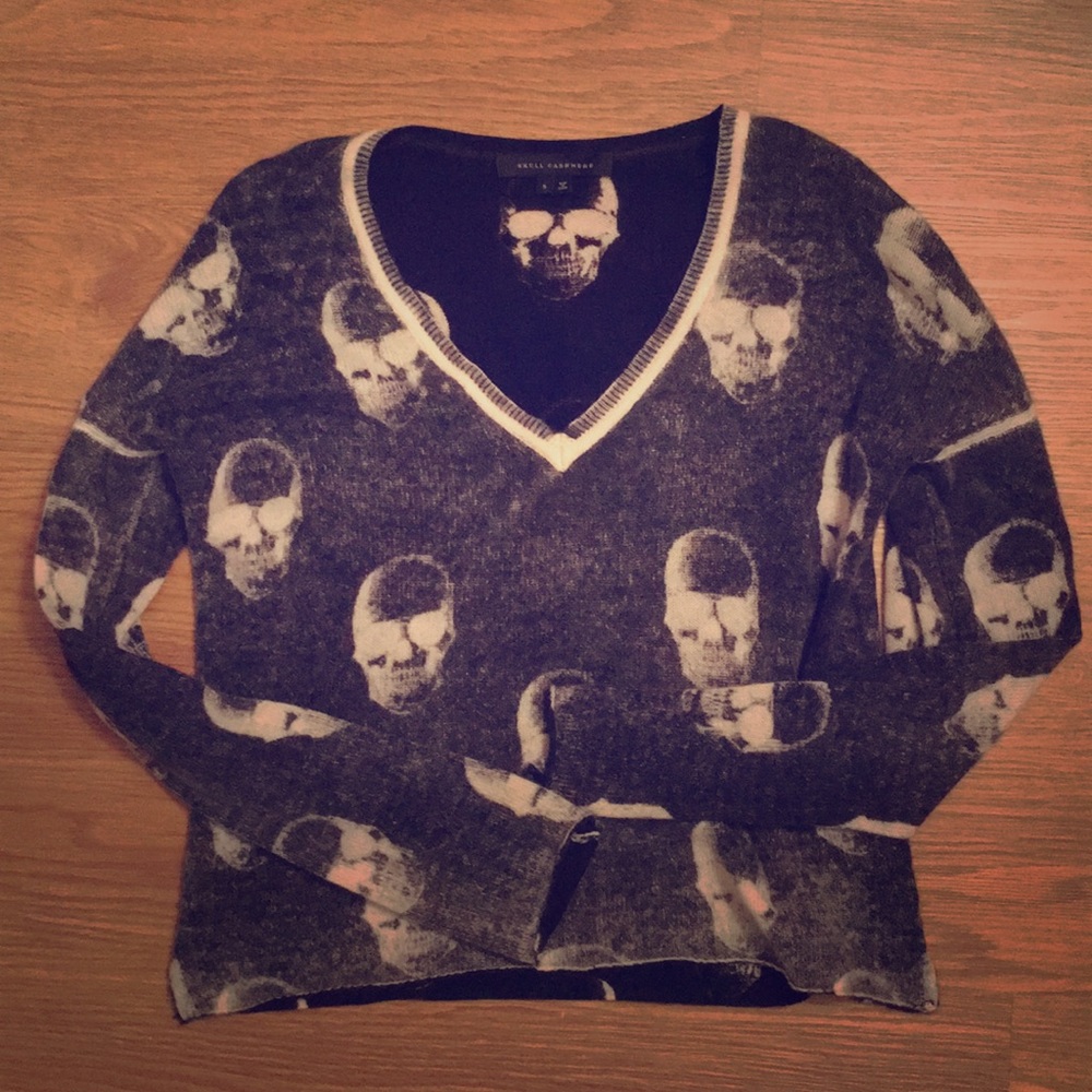 Black and White Skull Cashmere V-Neck Sweater